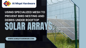 Using specialized mesh to prevent bird nesting and debris under rooftop solar arrays.